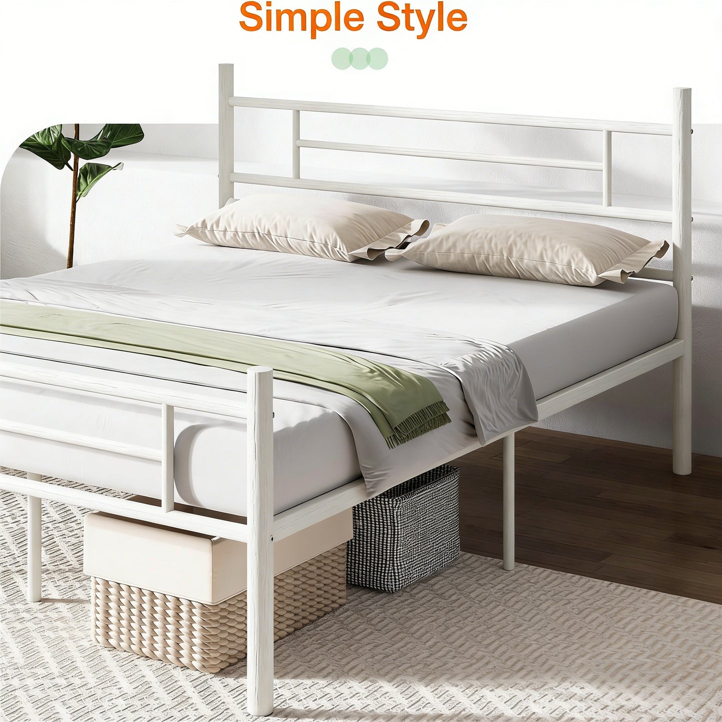 Full-Size White Steel Bed Frame with High Weight Capacity