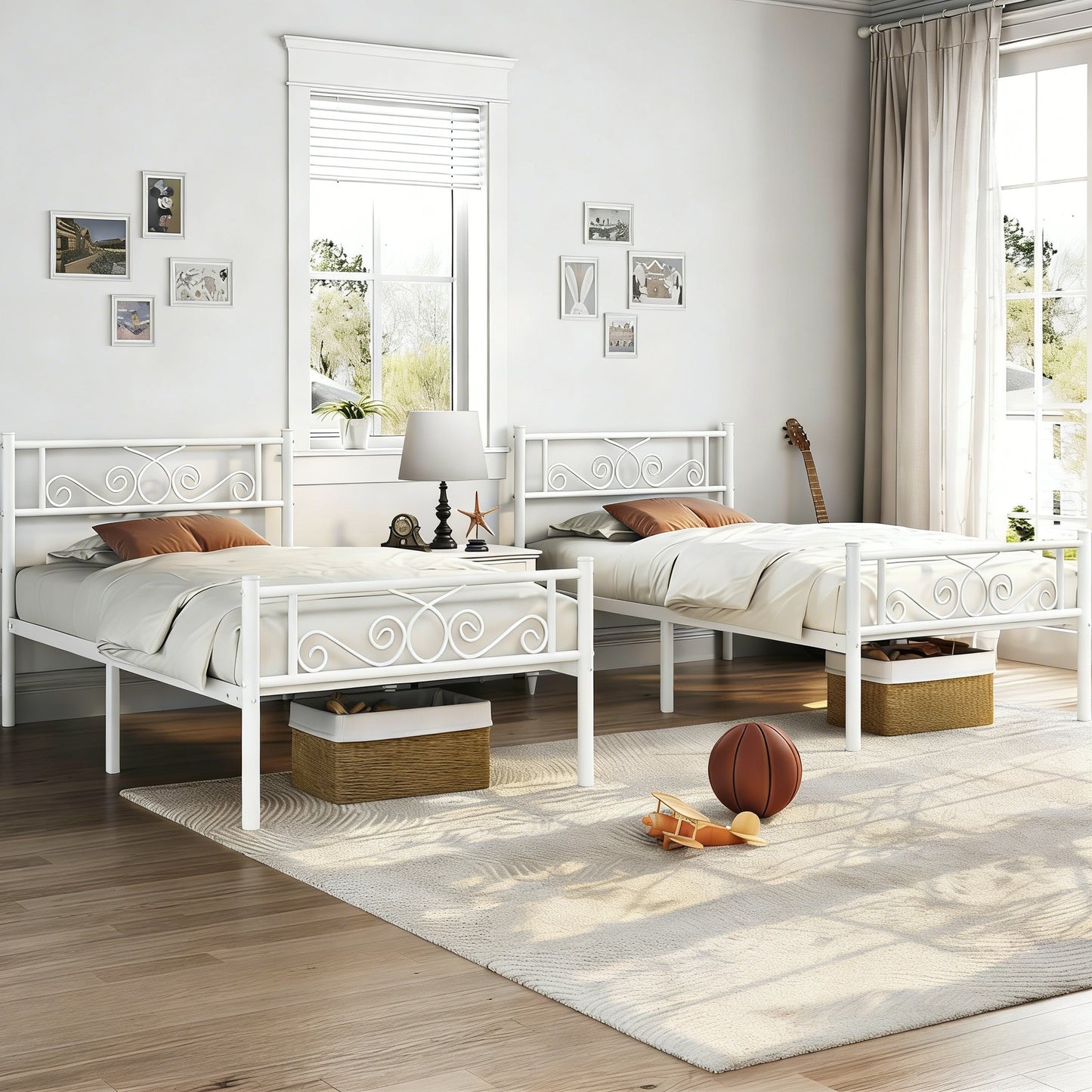 White Ornate Metal Bed Frame with Headboard & Footboard