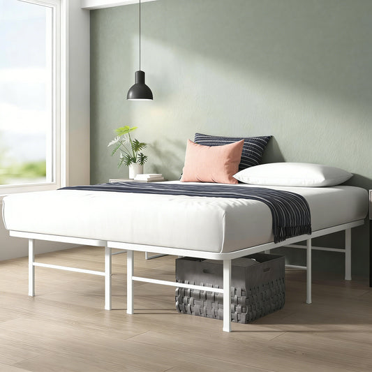 White Metal Bed Frame with Easy Assembly & Under-Bed Storage