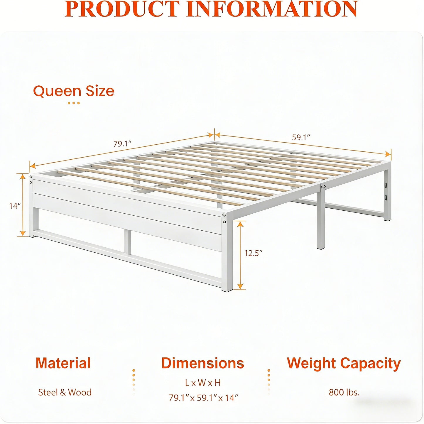 Queen Size Metal & Wood Bed Frame with Storage Space