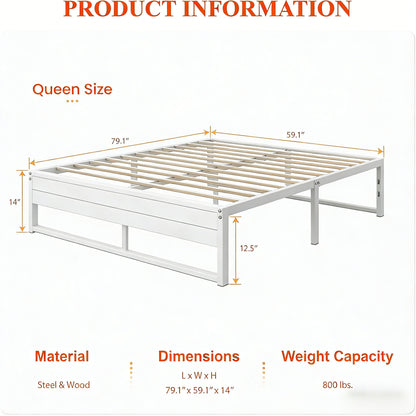 Queen Size Metal & Wood Bed Frame with Storage Space