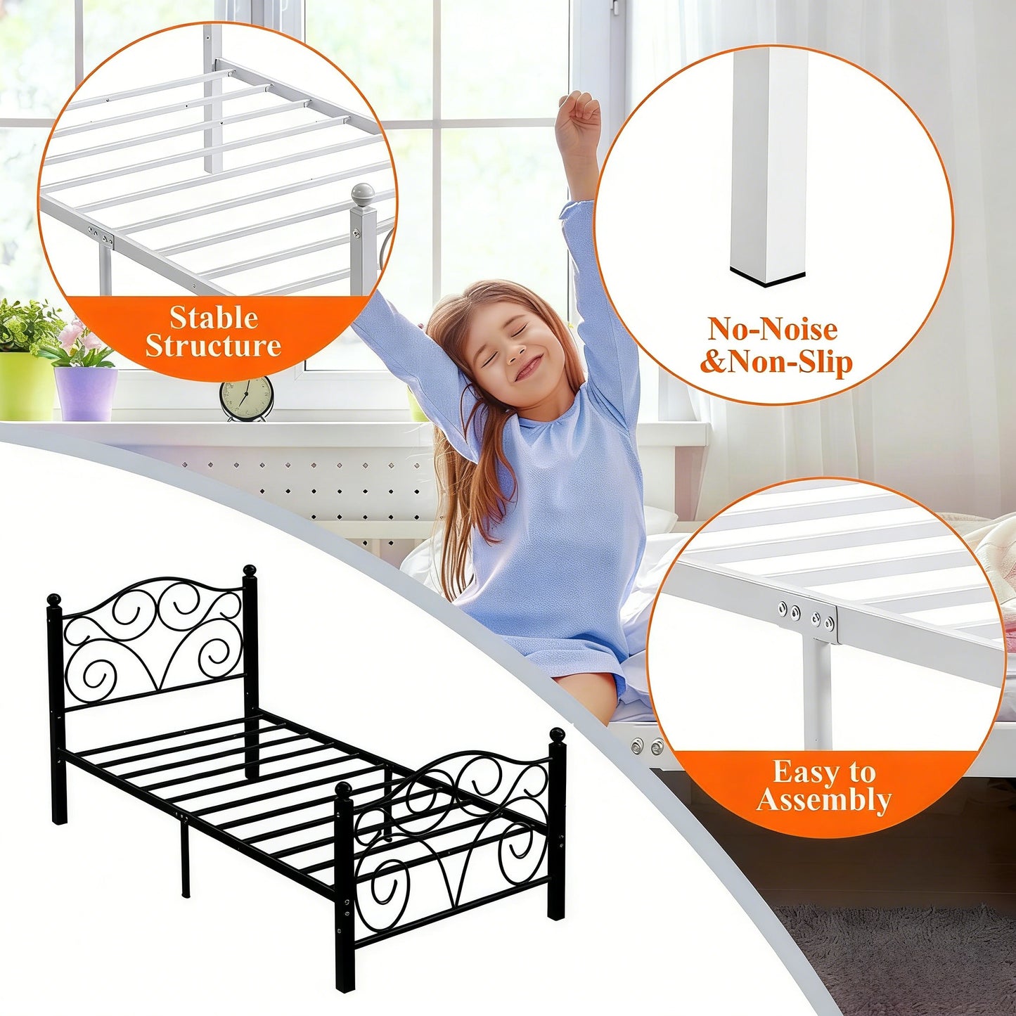 Twin Size Ornate Metal Bed Frame with Storage