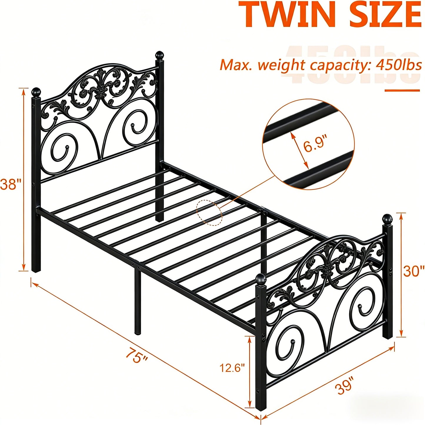 Twin Size Ornate Metal Bed Frame with Storage