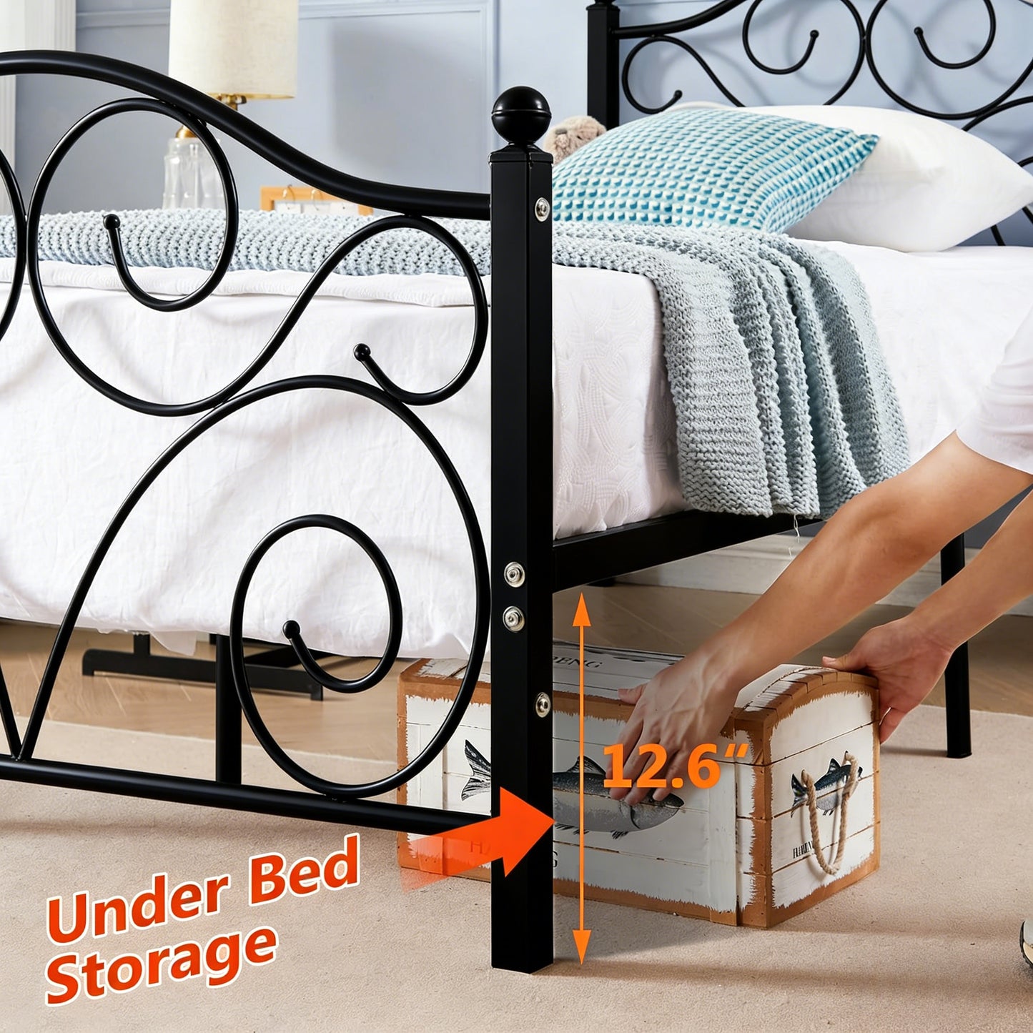 Twin Size Ornate Metal Bed Frame with Storage