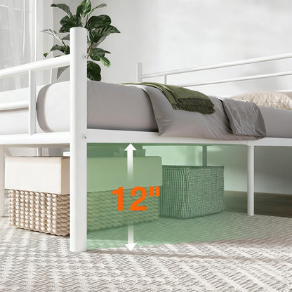 Full-Size White Steel Bed Frame with High Weight Capacity
