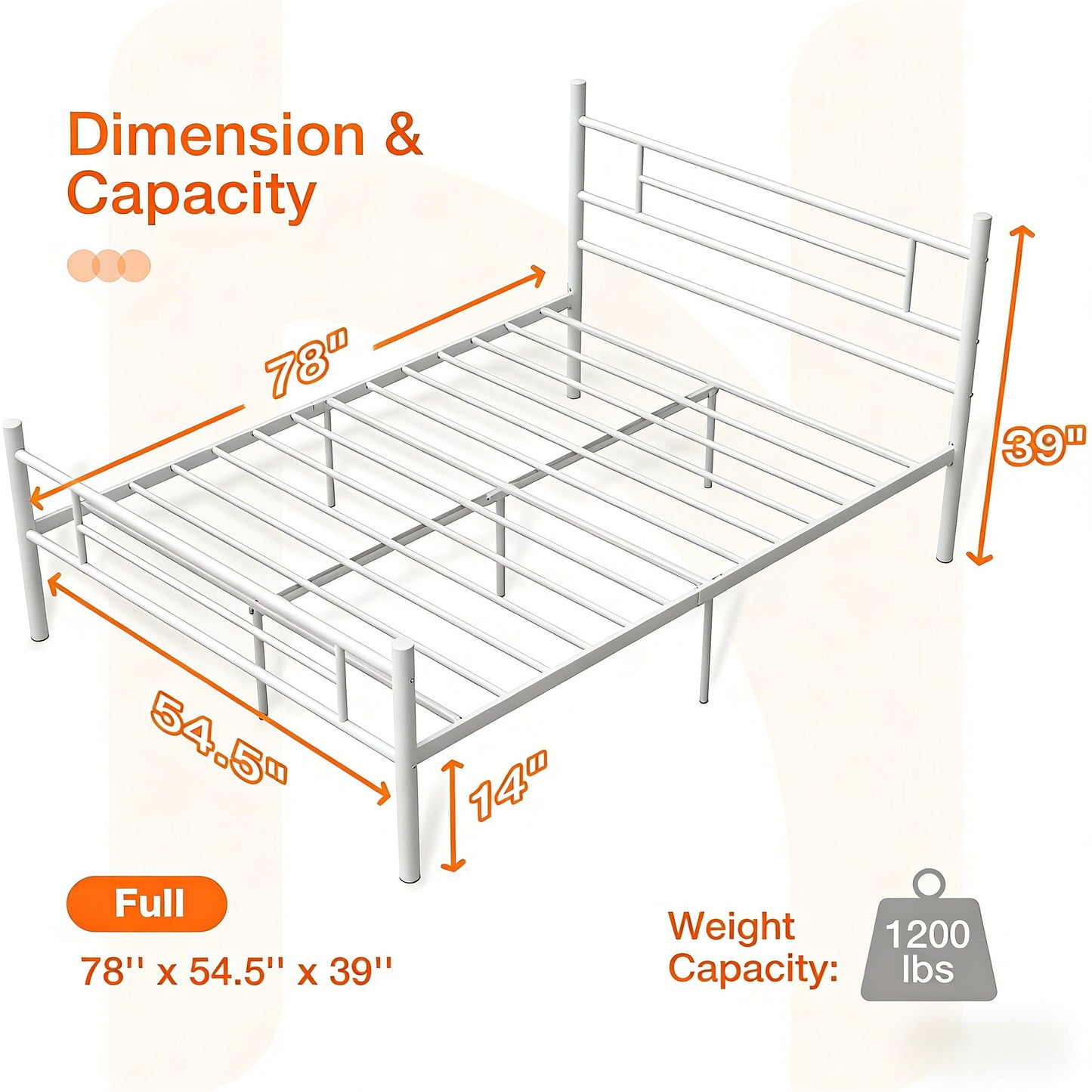 Full-Size White Steel Bed Frame with High Weight Capacity