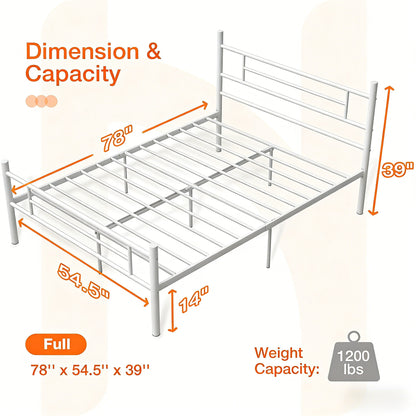 Full-Size White Steel Bed Frame with High Weight Capacity