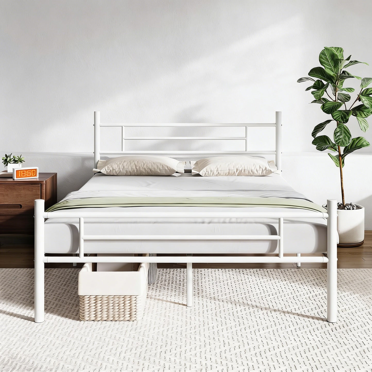 Full-Size White Steel Bed Frame with High Weight Capacity