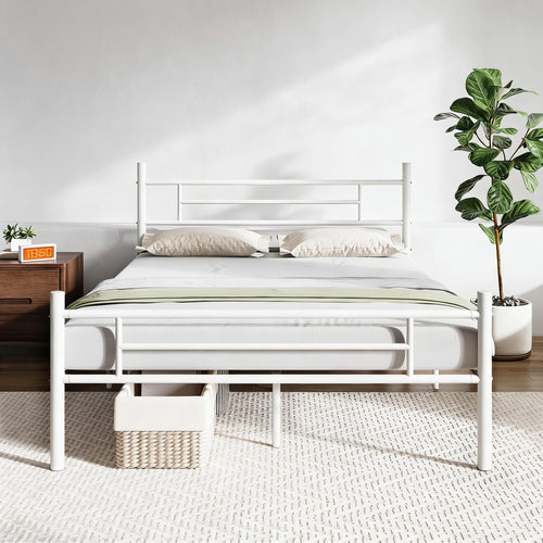 Full-Size White Steel Bed Frame with High Weight Capacity