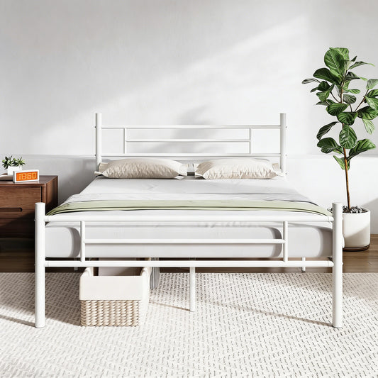 Full-Size White Steel Bed Frame with High Weight Capacity