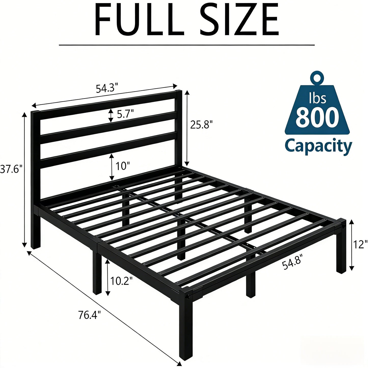Full-Size Black Metal Bed Frame with Headboard