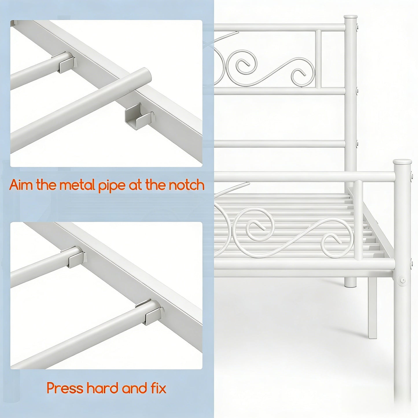 White Ornate Metal Bed Frame with Headboard & Footboard