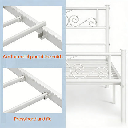 White Ornate Metal Bed Frame with Headboard & Footboard
