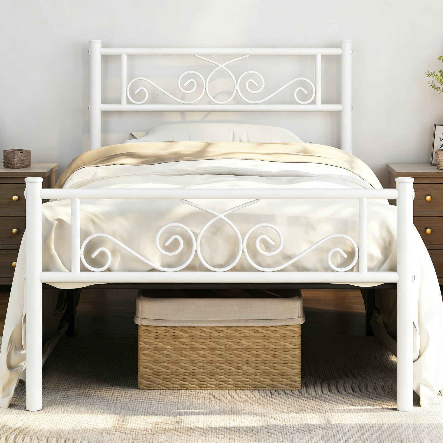 White Ornate Metal Bed Frame with Headboard & Footboard
