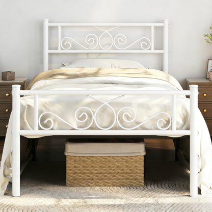 White Ornate Metal Bed Frame with Headboard & Footboard