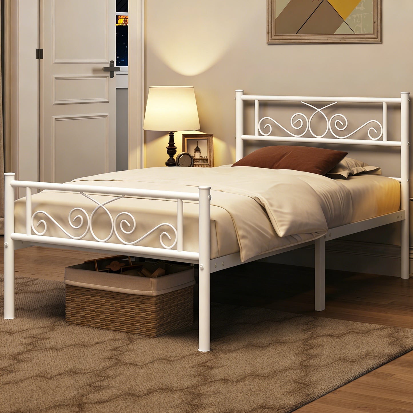 White Ornate Metal Bed Frame with Headboard & Footboard
