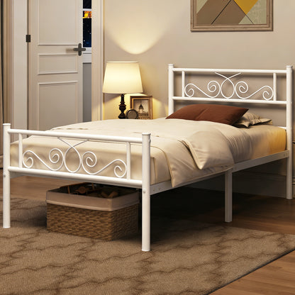 White Ornate Metal Bed Frame with Headboard & Footboard