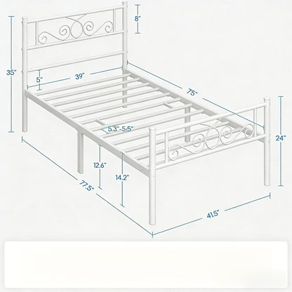 White Ornate Metal Bed Frame with Headboard & Footboard