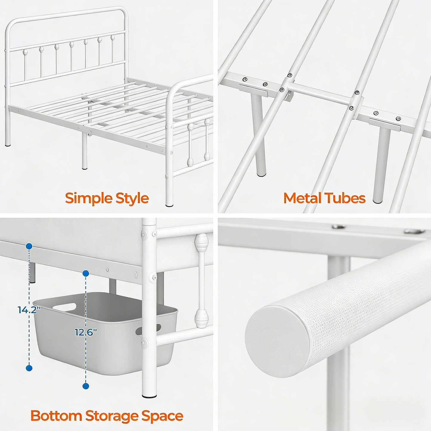 White Metal Platform Bed Frame with Classic Design