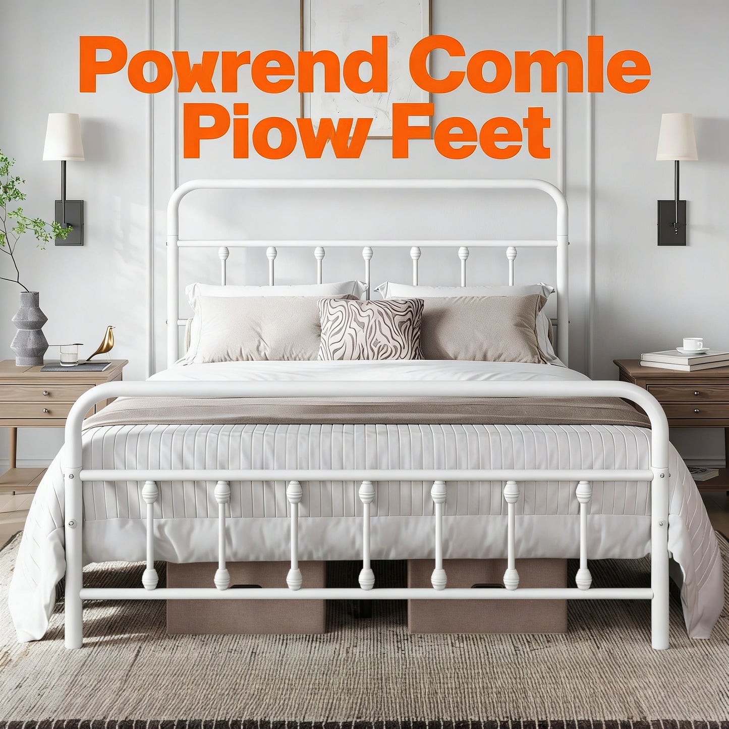 White Metal Platform Bed Frame with Classic Design