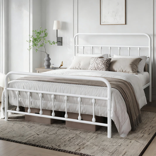 White Metal Platform Bed Frame with Classic Design