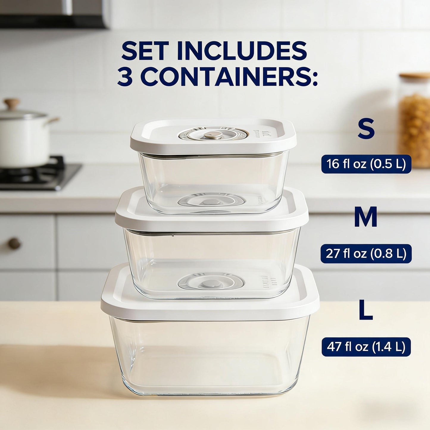 Vacuum Seal Glass Food Storage Containers (3-Piece Set)